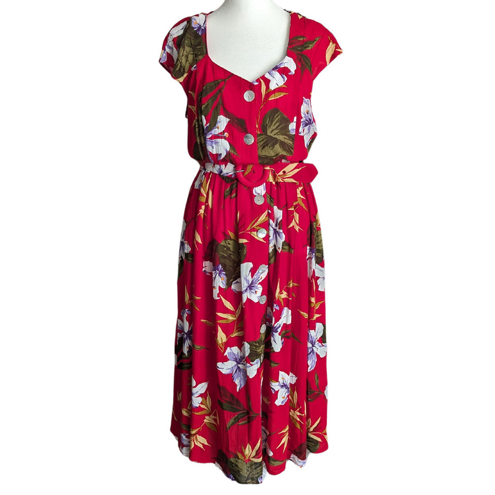 VTG Red Floral Hawaiian Button Down Belted Midi Dress Sz 12 Vacation Made in USA